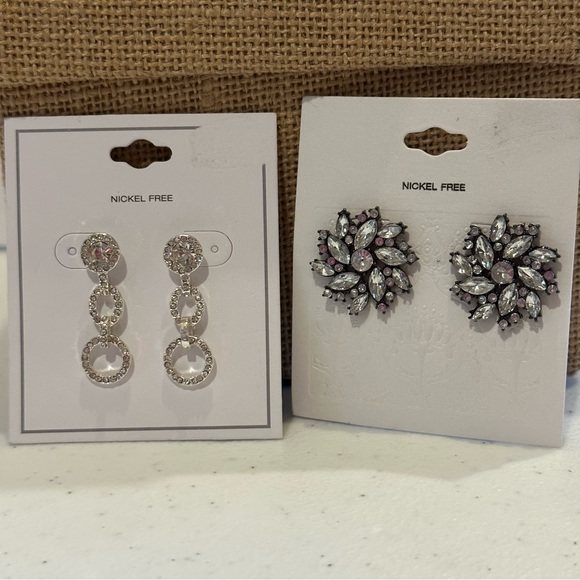 NWT 2 pairs of Earrings silver tone with clear rhinestones - Picture 5 of 7